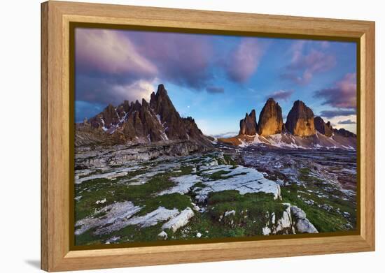 Paternkofel (Left) and Tre Cime Di Lavaredo Mountains at Sunset, Sexten Dolomites, Tyrol, Italy-Frank Krahmer-Framed Premier Image Canvas