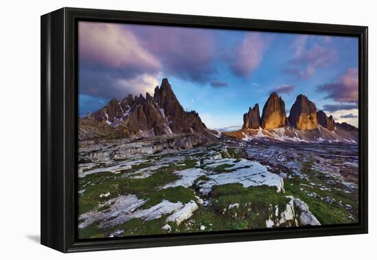 Paternkofel (Left) and Tre Cime Di Lavaredo Mountains at Sunset, Sexten Dolomites, Tyrol, Italy-Frank Krahmer-Framed Premier Image Canvas