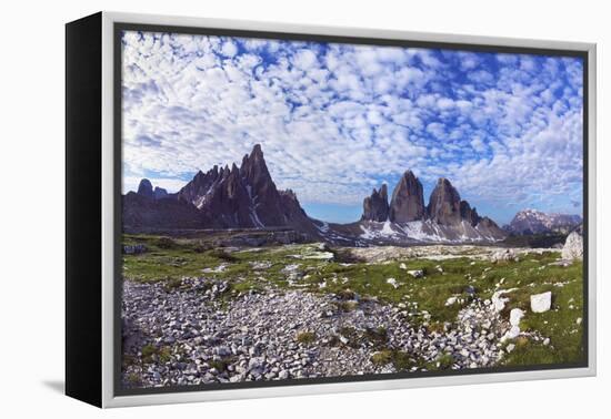 Paternkofel (Left) and Tre Cime Di Lavaredo Mountains, Sexten Dolomites, South Tyrol, Italy-Frank Krahmer-Framed Premier Image Canvas