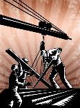 Steel Worker Carry I-Beam Retro Poster-patrimonio-Mounted Art Print