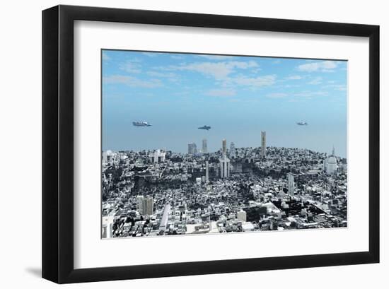 Patrol Ships over Scifi City-null-Framed Art Print