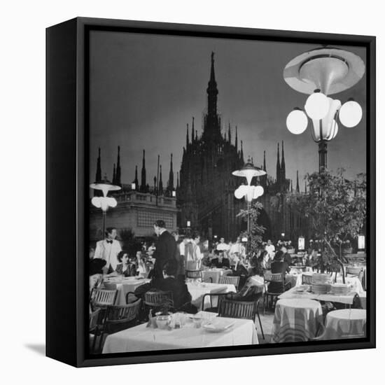 Patrons Drinking and Dining at an Outside Cafe with Cathedral in Background-Dmitri Kessel-Framed Premier Image Canvas