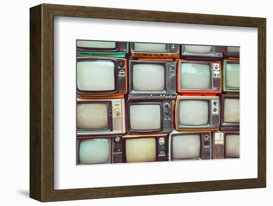 Pattern Wall of Pile Colorful Retro Television (Tv) - Vintage Filter Effect Style.-jakkapan-Framed Photographic Print