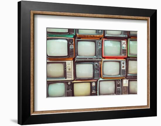 Pattern Wall of Pile Colorful Retro Television (Tv) - Vintage Filter Effect Style.-jakkapan-Framed Photographic Print