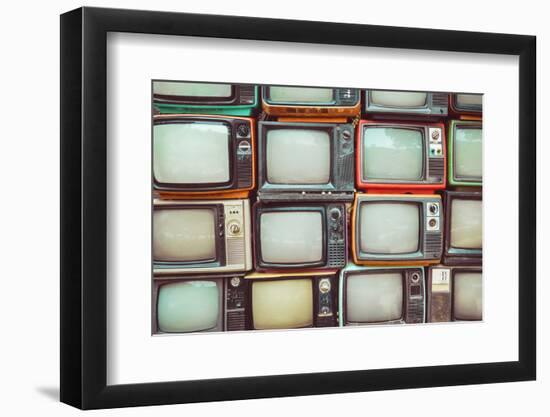 Pattern Wall of Pile Colorful Retro Television (Tv) - Vintage Filter Effect Style.-jakkapan-Framed Photographic Print