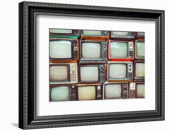 Pattern Wall of Pile Colorful Retro Television (Tv) - Vintage Filter Effect Style.-jakkapan-Framed Photographic Print