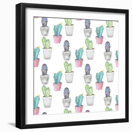 Pattern with Cactus Plant in a Pot-Maria Mirnaya-Framed Art Print
