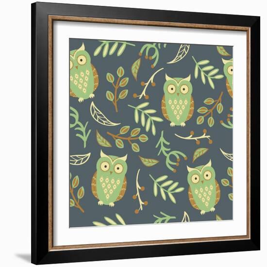 Pattern with Cute Owls and Leaves-Eireen Z-Framed Art Print