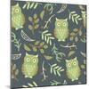 Pattern with Cute Owls and Leaves-Eireen Z-Mounted Art Print