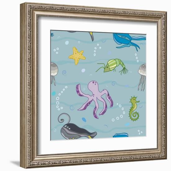 Pattern with the Inhabitants of  Marine World-Little_cuckoo-Framed Art Print