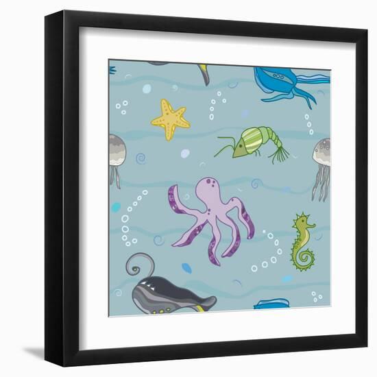 Pattern with the Inhabitants of  Marine World-Little_cuckoo-Framed Art Print