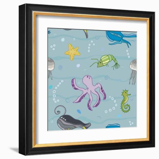 Pattern with the Inhabitants of  Marine World-Little_cuckoo-Framed Art Print