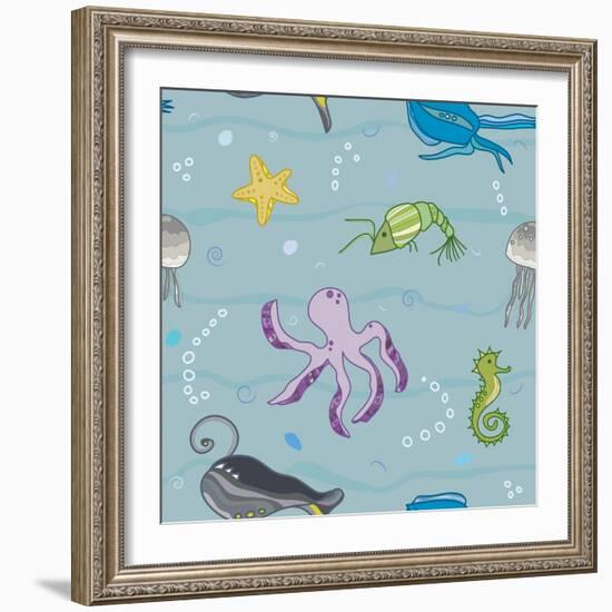 Pattern with the Inhabitants of  Marine World-Little_cuckoo-Framed Art Print