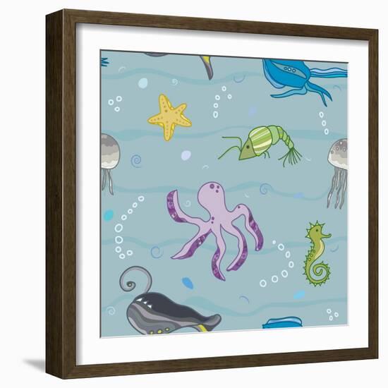 Pattern with the Inhabitants of  Marine World-Little_cuckoo-Framed Art Print