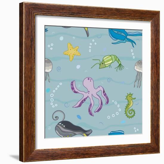 Pattern with the Inhabitants of  Marine World-Little_cuckoo-Framed Art Print