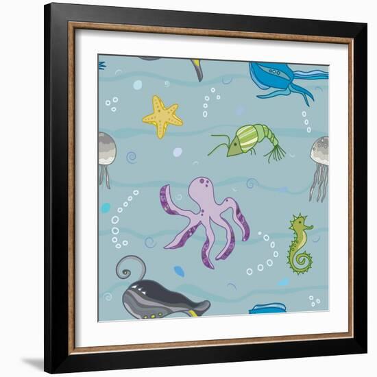 Pattern with the Inhabitants of  Marine World-Little_cuckoo-Framed Art Print