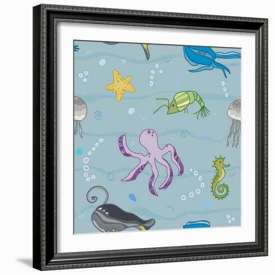 Pattern with the Inhabitants of  Marine World-Little_cuckoo-Framed Art Print