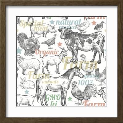 Pattern with Vintage Farm Animals' Art Print - mamita 