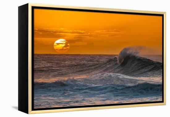 Pau Hana-Sunset & Wave breaking off of the Na Pali Coast of Kauai, Hawaii-Mark A Johnson-Framed Premier Image Canvas
