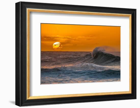 Pau Hana-Sunset & Wave breaking off of the Na Pali Coast of Kauai, Hawaii-Mark A Johnson-Framed Photographic Print