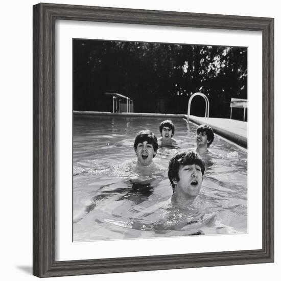 Paul McCartney, George Harrison, John Lennon and Ringo Starr Taking a Dip in a Swimming Pool-null-Framed Premium Photographic Print