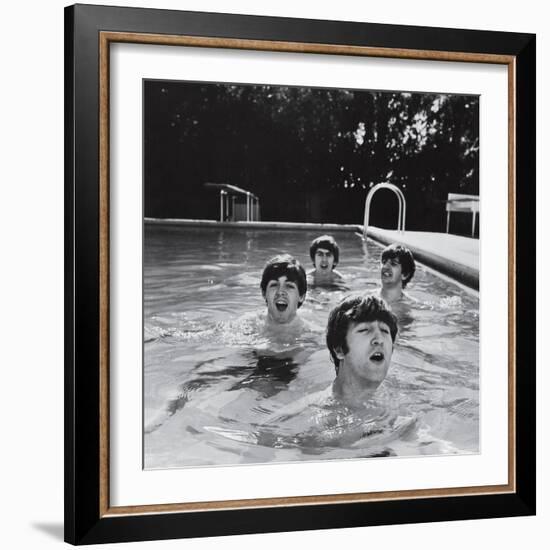 Paul McCartney, George Harrison, John Lennon and Ringo Starr Taking a Dip in a Swimming Pool-null-Framed Premium Photographic Print