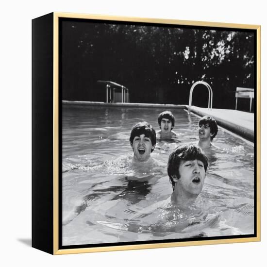 Paul McCartney, George Harrison, John Lennon and Ringo Starr Taking a Dip in a Swimming Pool-null-Framed Premier Image Canvas