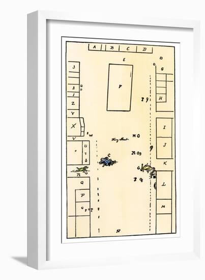 Paul Revere's Drawing of the Boston Massacre on King Street, Used in Trial of the British Soldiers-null-Framed Giclee Print