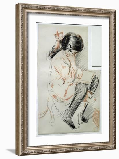 Paulette Reading Sitting on Her Toy Dog-Paul Cesar Helleu-Framed Giclee Print