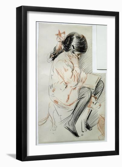 Paulette Reading Sitting on Her Toy Dog-Paul Cesar Helleu-Framed Giclee Print