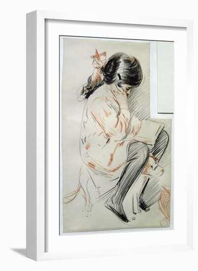 Paulette Reading Sitting on Her Toy Dog-Paul Cesar Helleu-Framed Giclee Print