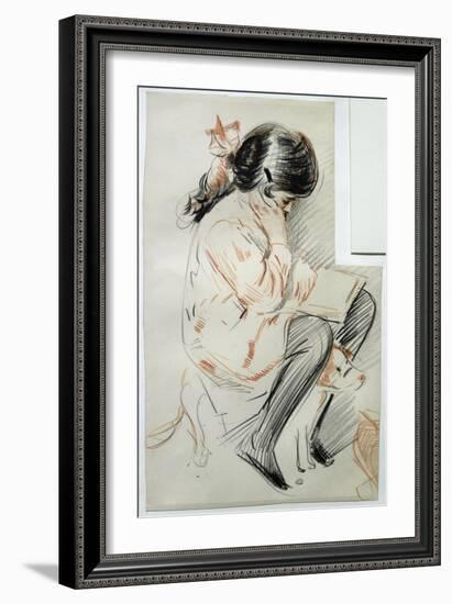 Paulette Reading Sitting on Her Toy Dog-Paul Cesar Helleu-Framed Giclee Print