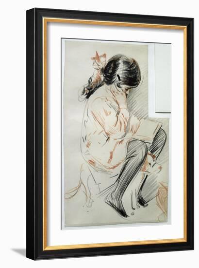 Paulette Reading Sitting on Her Toy Dog-Paul Cesar Helleu-Framed Giclee Print