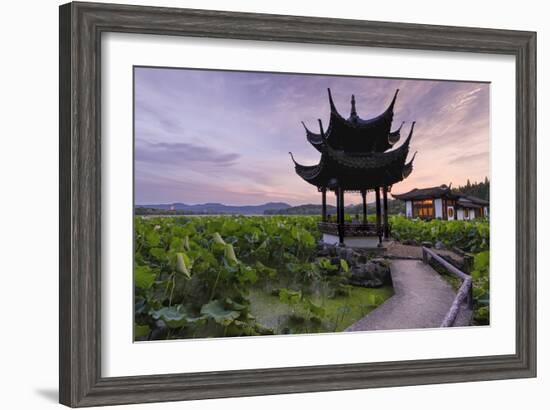 Pavilion, Lotus Field and Zig Zag Bridge at West Lake, Hangzhou, Zhejiang, China, Asia-Andreas Brandl-Framed Photographic Print