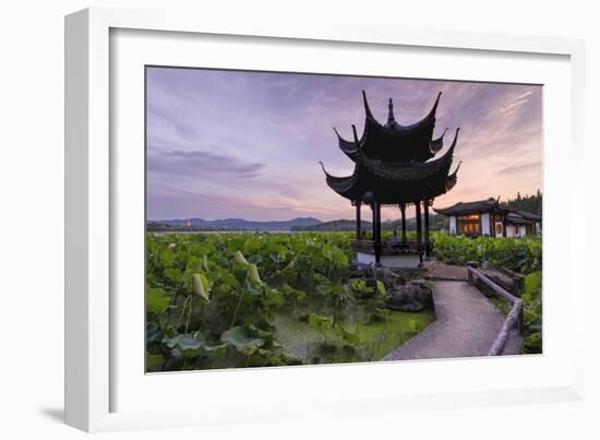 Pavilion, Lotus Field and Zig Zag Bridge at West Lake, Hangzhou, Zhejiang, China, Asia-Andreas Brandl-Framed Photographic Print