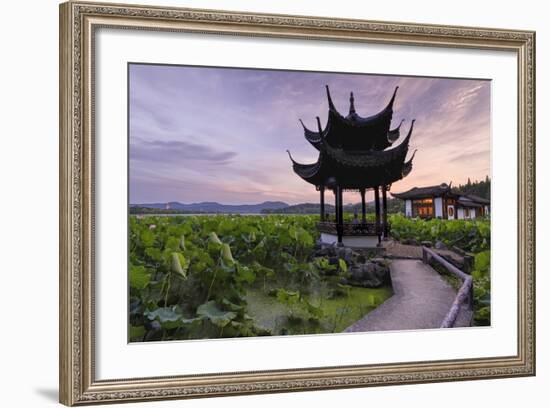 Pavilion, Lotus Field and Zig Zag Bridge at West Lake, Hangzhou, Zhejiang, China, Asia-Andreas Brandl-Framed Photographic Print