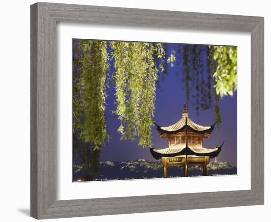 Pavilion on Xi Hu at Dusk, Hangzhou, Zhejiang, China, Asia-Ian Trower-Framed Photographic Print