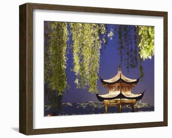 Pavilion on Xi Hu at Dusk, Hangzhou, Zhejiang, China, Asia-Ian Trower-Framed Photographic Print