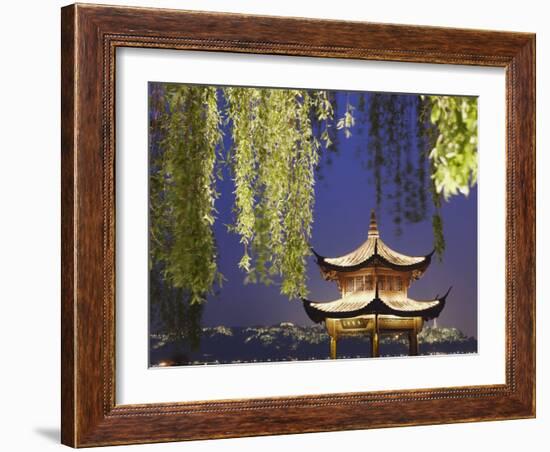 Pavilion on Xi Hu at Dusk, Hangzhou, Zhejiang, China, Asia-Ian Trower-Framed Photographic Print