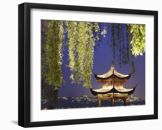 Pavilion on Xi Hu at Dusk, Hangzhou, Zhejiang, China, Asia-Ian Trower-Framed Photographic Print