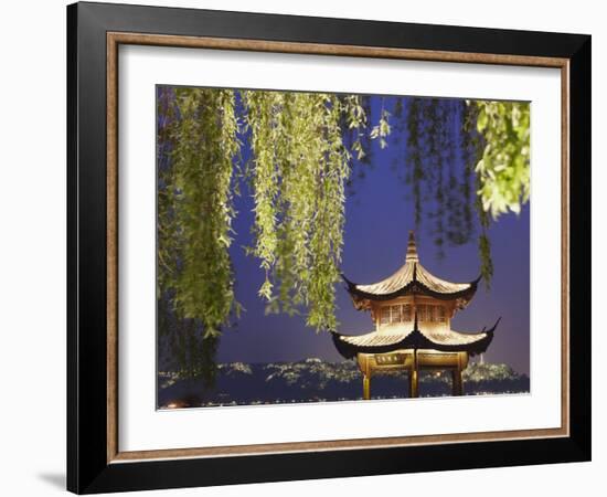 Pavilion on Xi Hu at Dusk, Hangzhou, Zhejiang, China, Asia-Ian Trower-Framed Photographic Print