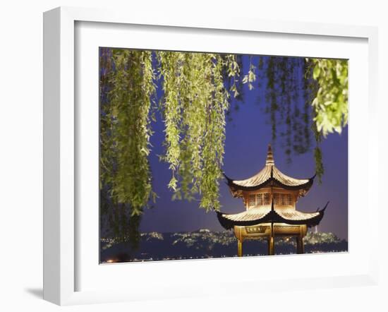 Pavilion on Xi Hu at Dusk, Hangzhou, Zhejiang, China, Asia-Ian Trower-Framed Photographic Print