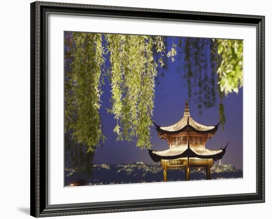 Pavilion on Xi Hu at Dusk, Hangzhou, Zhejiang, China, Asia-Ian Trower-Framed Photographic Print