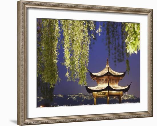 Pavilion on Xi Hu at Dusk, Hangzhou, Zhejiang, China, Asia-Ian Trower-Framed Photographic Print