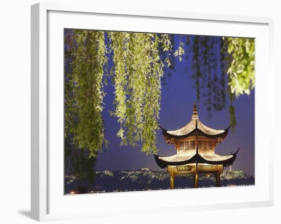 Pavilion on Xi Hu at Dusk, Hangzhou, Zhejiang, China, Asia-Ian Trower-Framed Photographic Print