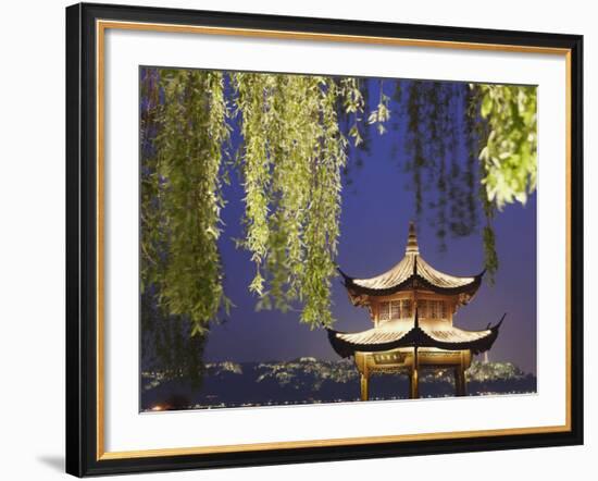 Pavilion on Xi Hu at Dusk, Hangzhou, Zhejiang, China, Asia-Ian Trower-Framed Photographic Print