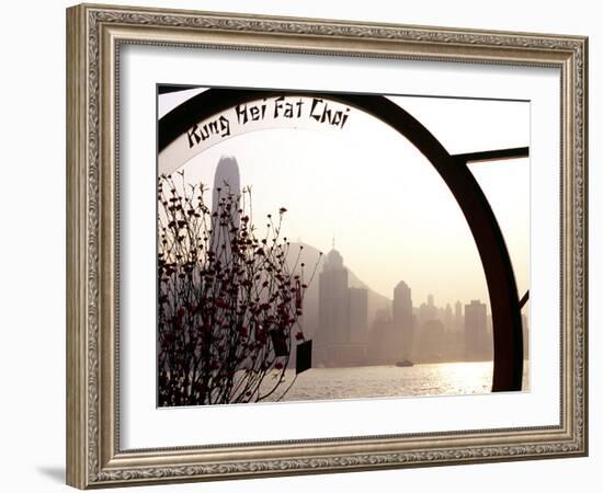 Pavillion on Kowloon Waterfront, Overlooking Victoria Harbour, Displays a Chinese New Year Message-Andrew Watson-Framed Photographic Print