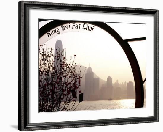 Pavillion on Kowloon Waterfront, Overlooking Victoria Harbour, Displays a Chinese New Year Message-Andrew Watson-Framed Photographic Print