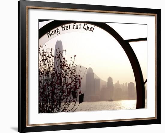 Pavillion on Kowloon Waterfront, Overlooking Victoria Harbour, Displays a Chinese New Year Message-Andrew Watson-Framed Photographic Print