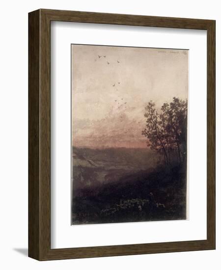 Paysage au soleil couchant, au premier plan, un berger et son troupeau-Odilon Redon-Framed Giclee Print